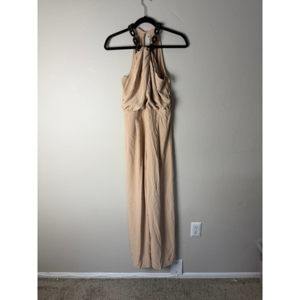 DO+BE Women Halter Jumpsuit Beige Tan Black Chain Neck Wide Leg NWT Size M